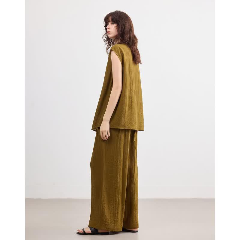 Demana Summer Minimalist V-Neck Sleeveless Top & Wide-Leg Pants Set