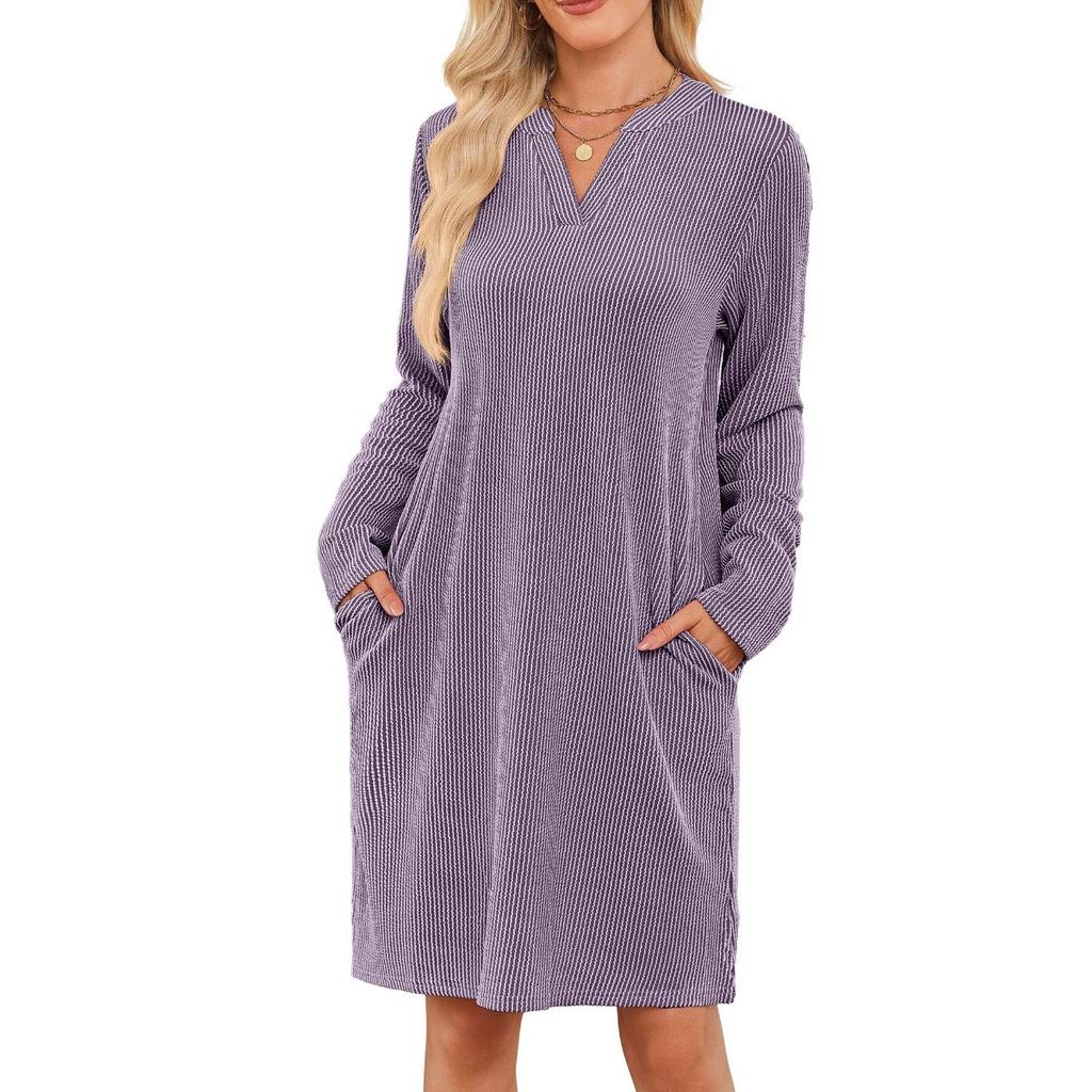 Fall Winter Women's Loose V-neck Long Sleeve Pocket Casual Loungewear Dress, European American Crossbody Fashion