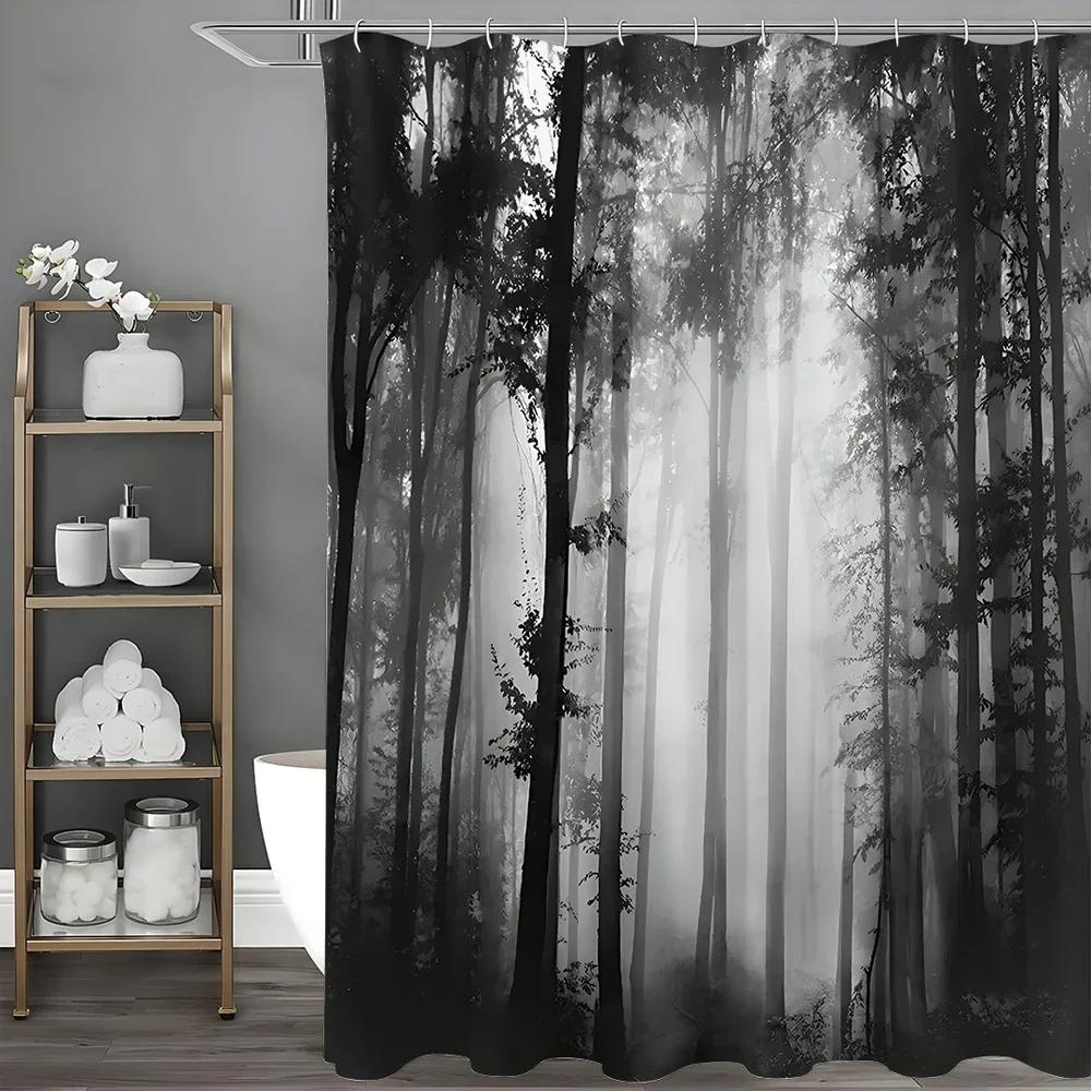 Black Tree Shower Curtain, Black Misty Forest Bathroom Decorative Shower Curtain, Waterproof Shower Curtain With Hooks
