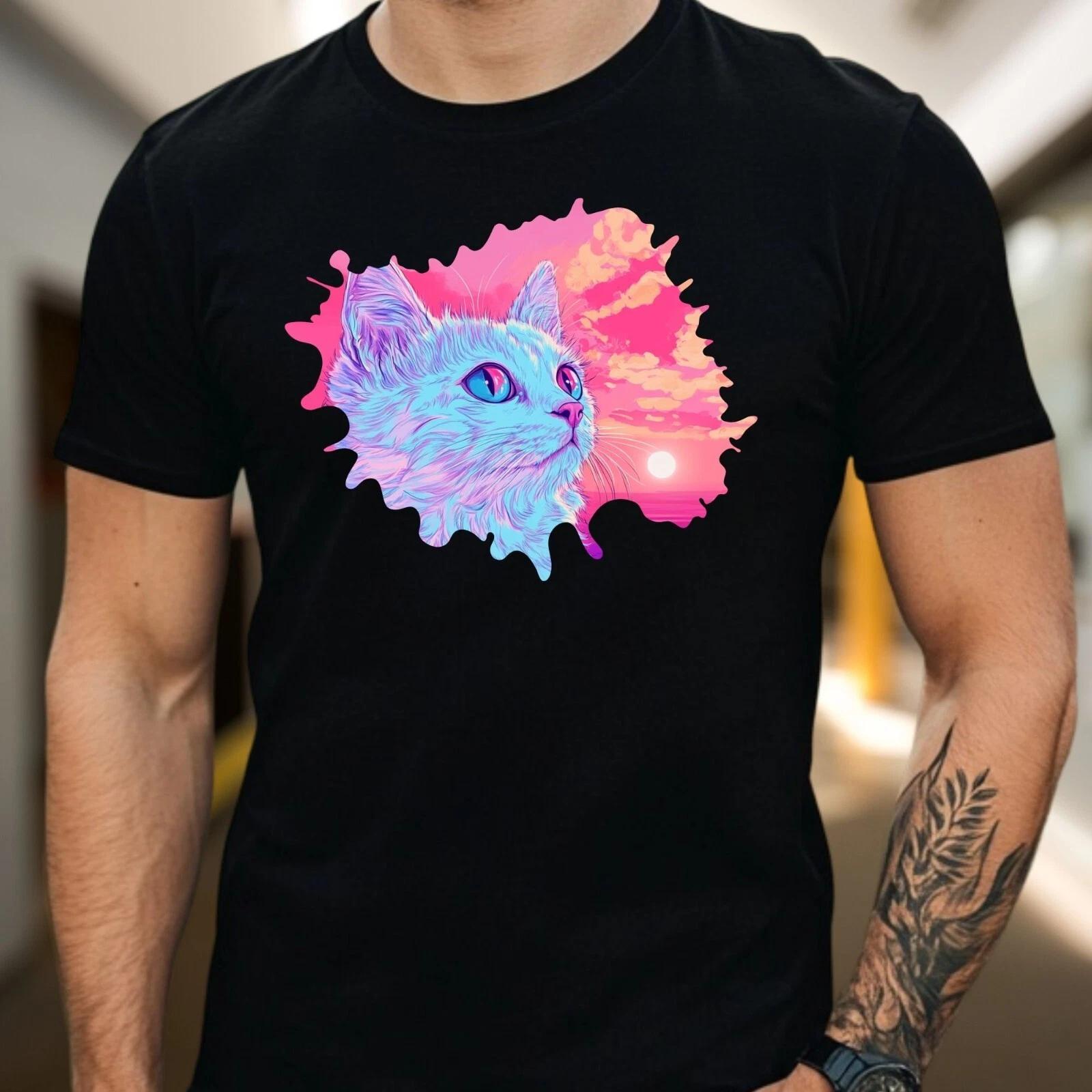 T-Shirt Herren Katzen Vaporwave Motiv Baumwolle Größe S bis 5XL XL