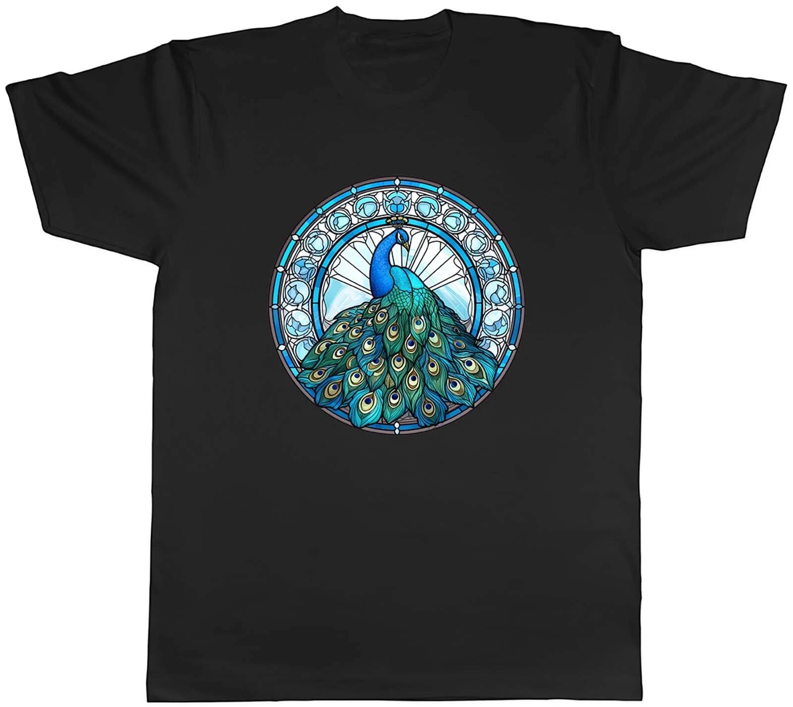 Peacock Mens T-Shirt Stainglass Feather Bird Pheasent Unisex Tee Gift XXL