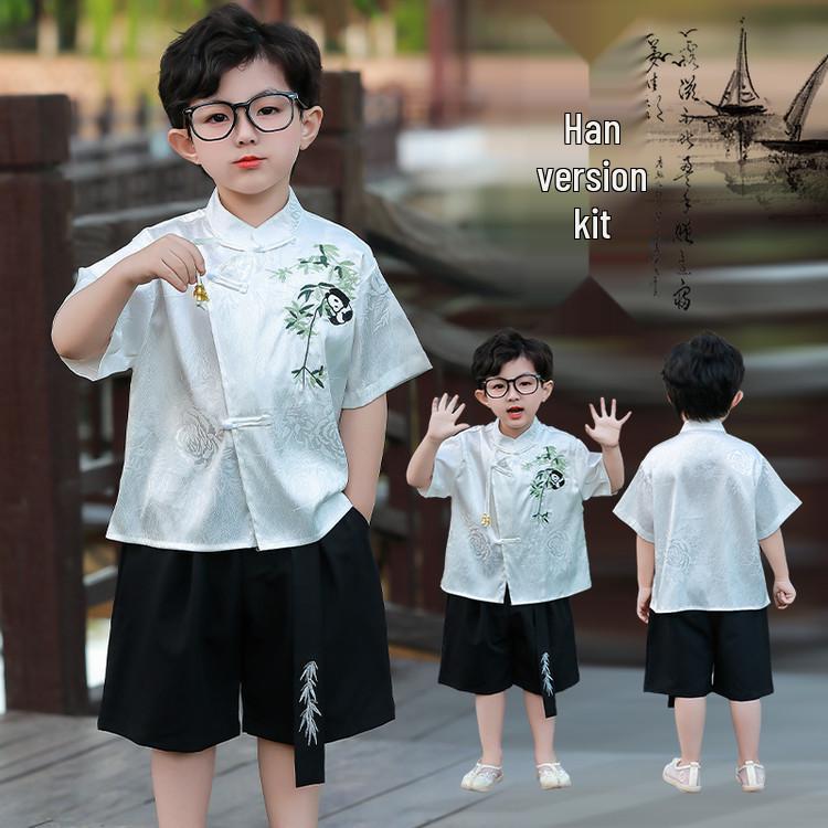 Chinese Style Baby Hanfu Summer Outfit - Boys Short Sleeve & Pants Two-Piece Performance Set for Girls