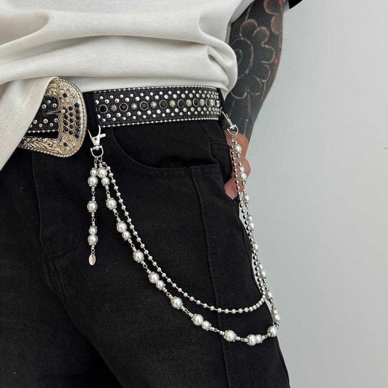Hip Hop Multilayer Imitation Pearl Cross Charm Jeans Pants Chain Personalized Waist Chain Fashion Wallet Chain Belt Decor