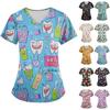 Fun Halloween Print Short Sleeve Scrub Tops For Women Plus Size Workwear Tee With Pockets Cross V Neck Printed Working Uniform T Shirts