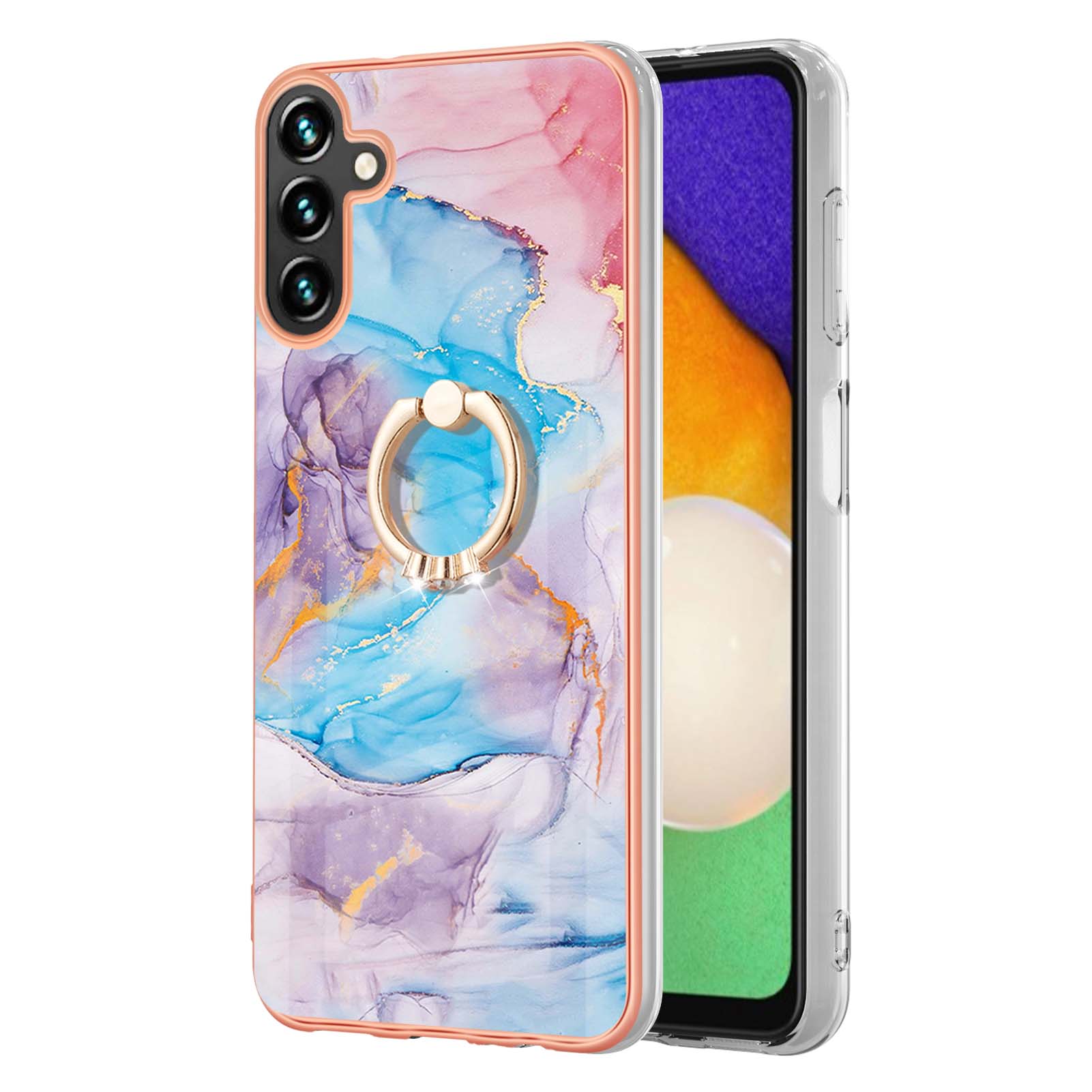 

For Samsung Galaxy A14 5G/A14 4G Case with Ring Kickstand IMD Marble Pattern TPU Back Cover Purple Flowers