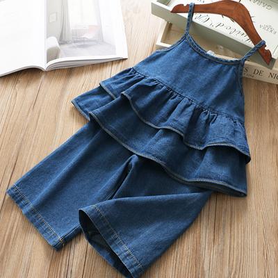 Sommer Mädchen Kleidung Sets Koreanische Denim Hosenträger Jacke Top + Breite Bein Hosen 2Pcs Casual Kinder Kleidung