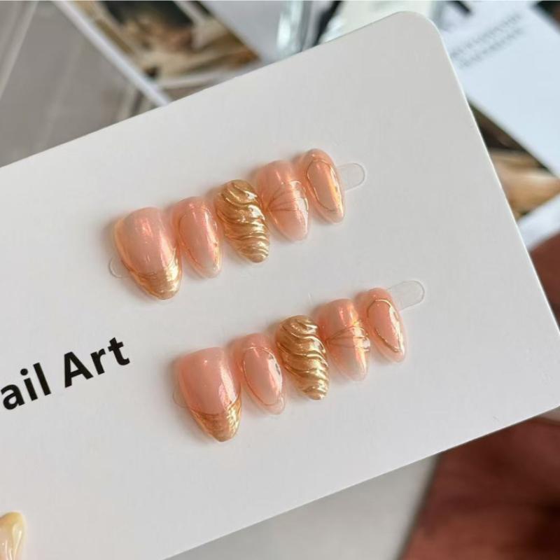 10Pcs Pink Gold Press On Nails - Cat Eye Swirl Fake Nails for Women XS