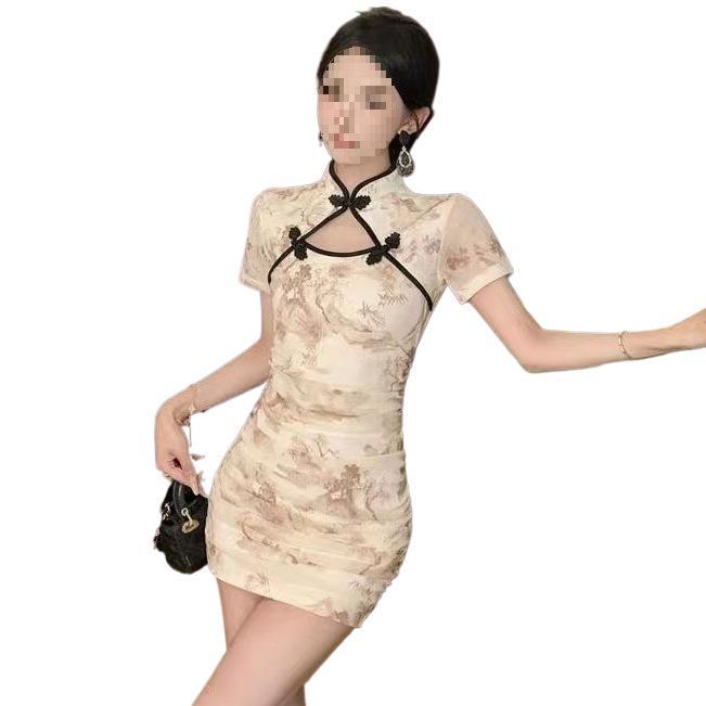 New Improved Qipao Style Hollow-Out Frog Button Dress - Feminine Retro Bodycon Short Skirt