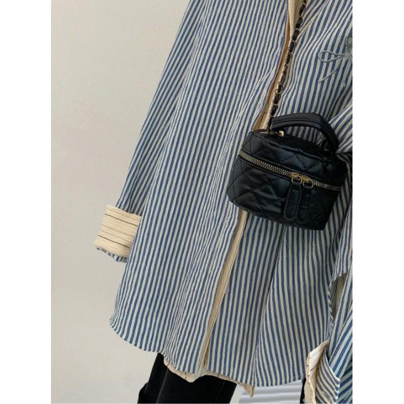 Women Spring Autumn Long Sleeve Patchwork Loose Casual Blouse Double Layered Lapel Striped Shirts