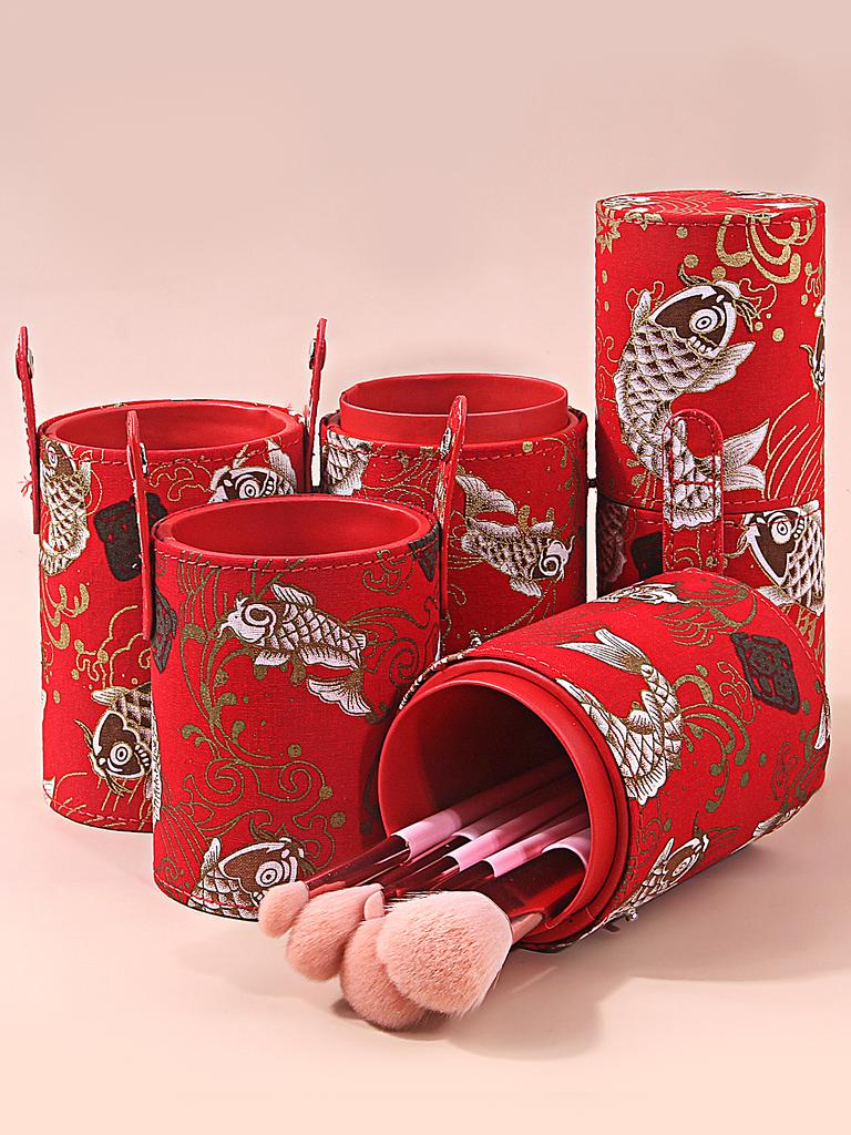 Good Luck Koi New Chinese Makeup Brush Storage Bucket with Cover Dustproof Makeupbucket Large Capacity Desktop Storage Penholder