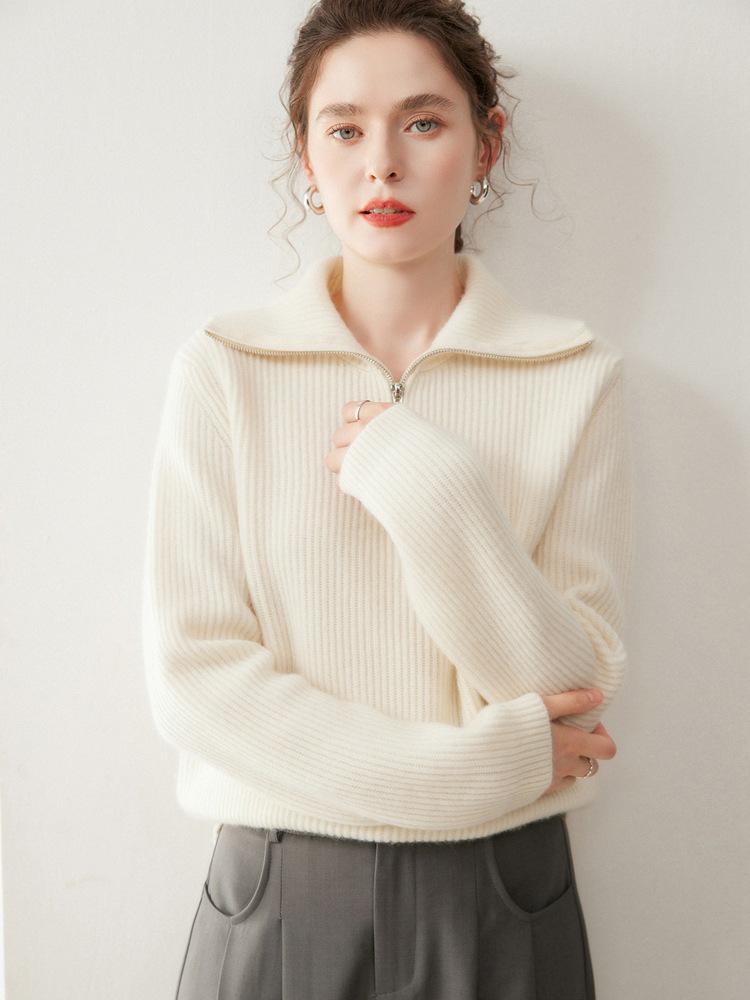 Women's Cashmere Half-Zip Rib Knit Sweater with Lapel