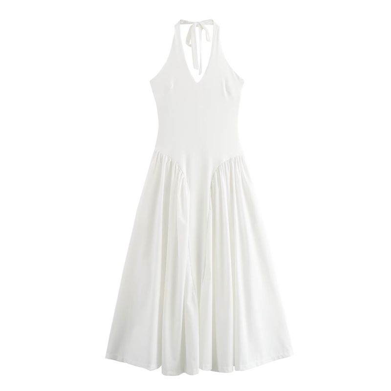 

Kaslead New Arrival Women s Clothing Fashion Style Fashion Casual Simple Waist Fitted Hanging Collar Style Dress White L