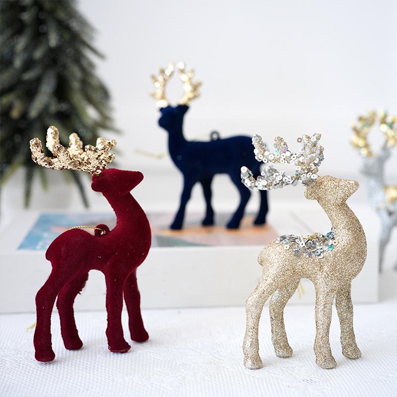 1PC Glitter Reindeer Holiday Decor Flocked Reindeer Eco-Friendly Christmas Ornament Festive Hanging Decor Tree Decoration 10x14cm