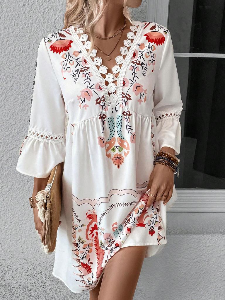 2026 Women's Summer V-neck Lace Patchwork Casual Printed Dress