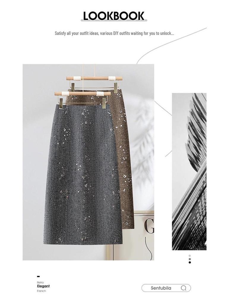 Sequined Woolen High-Waist Straight Skirt for Women