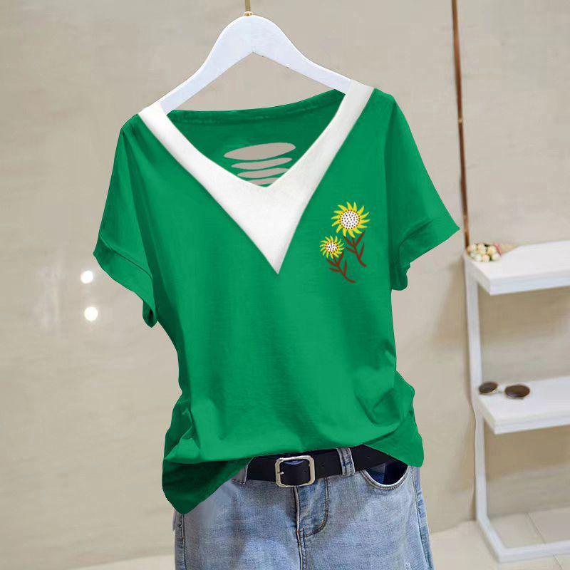 

Women s Plus Size Color Block V-Neck Short Sleeve Cotton T-Shirt L [Suggested 90-105 lbs]