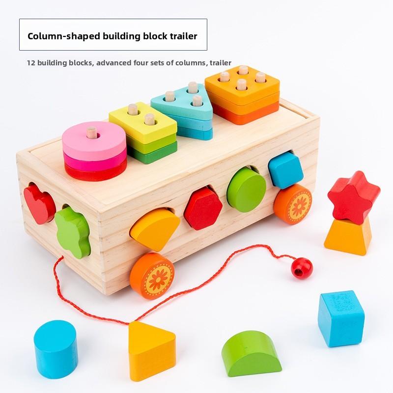 Wooden Multiple Shape Educational Toy Pulling Cart With Color Coordination And Cognitive Skills For Kids