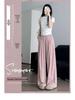 Petite High-Waisted Lazy Pink Polka Dot Summer Silk Pants