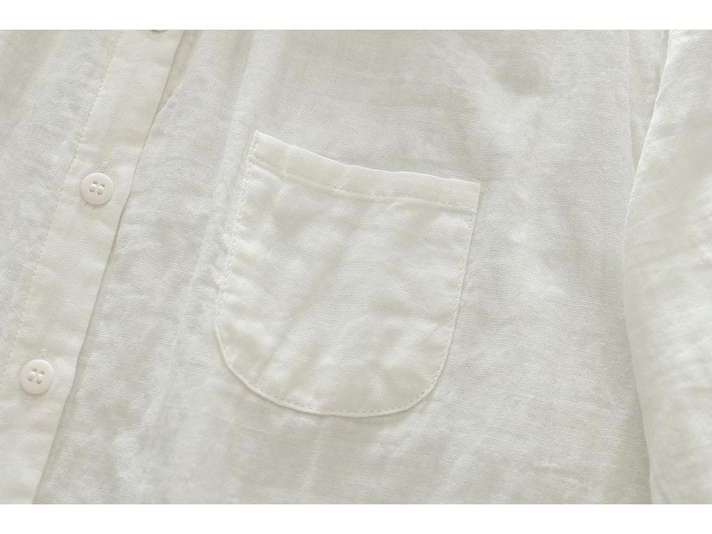 Pure Cotton Women's Lapel Pleated Blouse - Solid Color, Long Sleeve, Double Layer Yarn, Spring/Autumn.