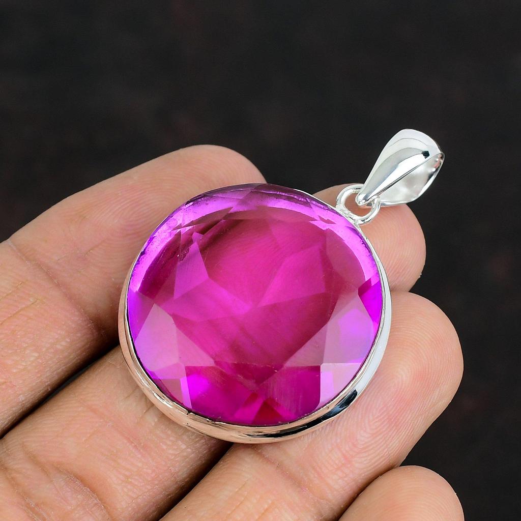 Fasetterat hänge i rosa turmalin 925 sterlingsilverhänge handgjort hänge ädelstenssmycken designerhänge gåvor till vän boho-smycken