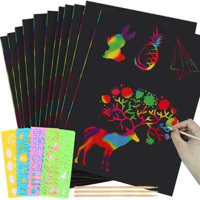 50pcs 18.5cm Scratch Painting Set with 4pcs Painting Template Ruler Imaginative DIY Painting Art Kits School Office Supplies