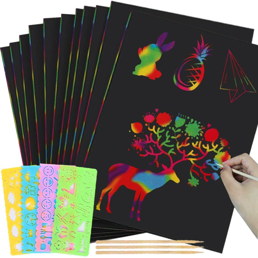50pcs 18.5cm Scratch Painting Set with 4pcs Painting Template Ruler Imaginative DIY Painting Art Kits School Office Supplies