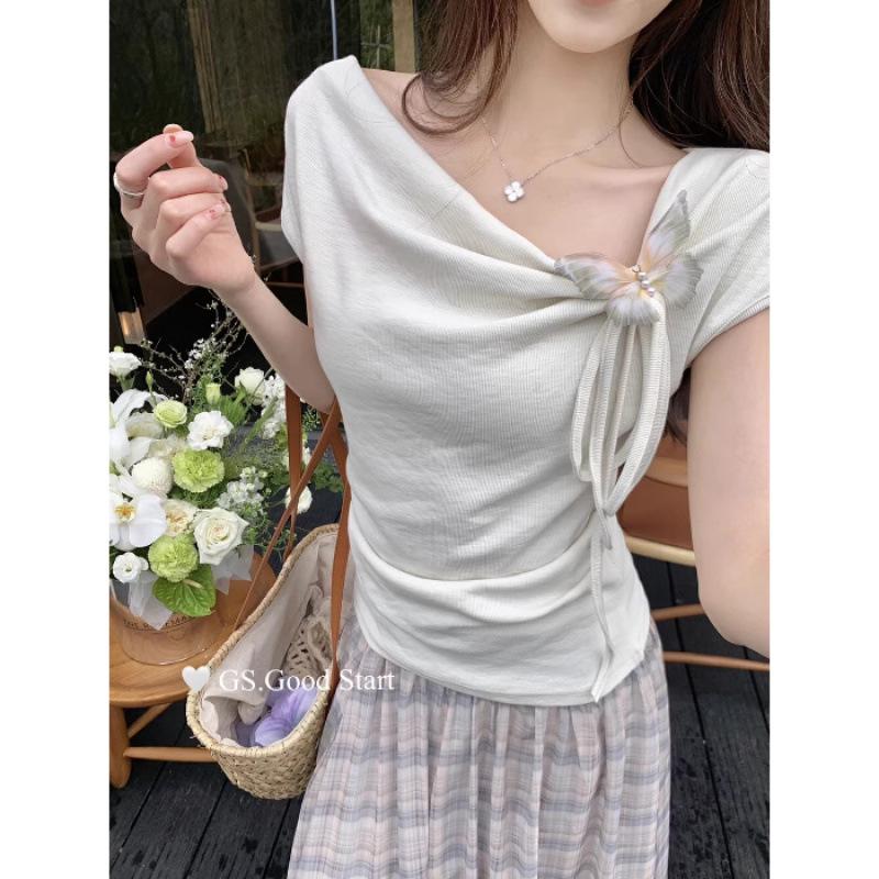 Women s Sweet French Off-Shoulder Top with Butterfly Straps and Cinched Waist One Size абрикосовый
