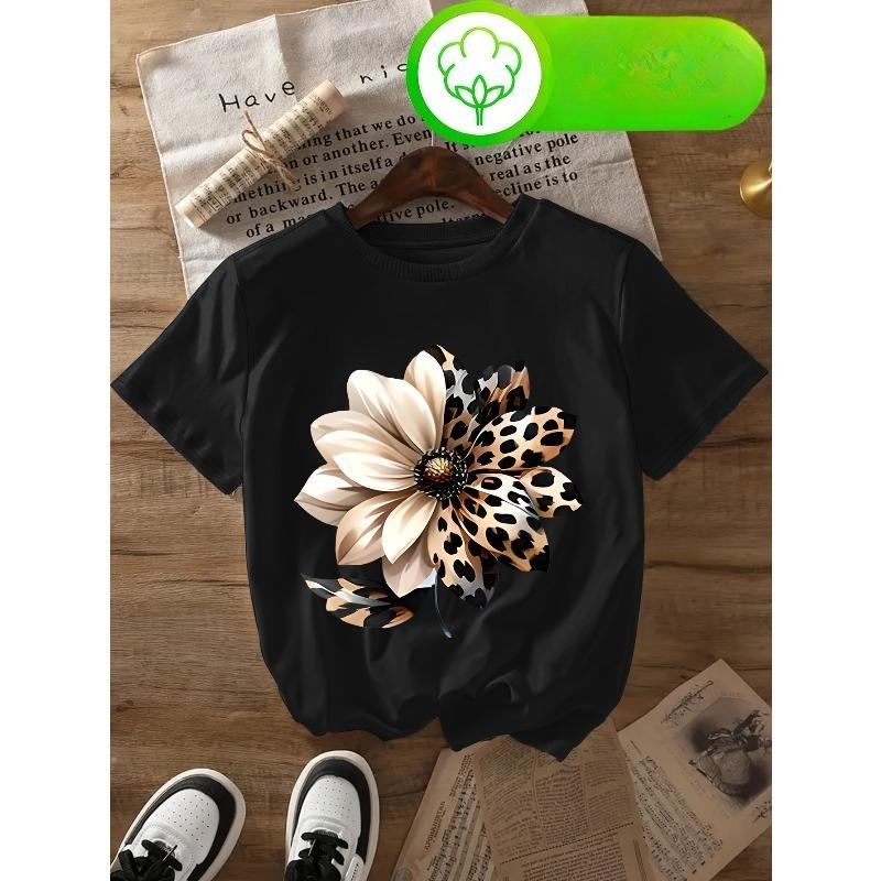 Womens 80-A64-60921 Leopard Floral Print Tee 100% Soft Round Neck Short Sleeve Spring Summer Casual Outing Top