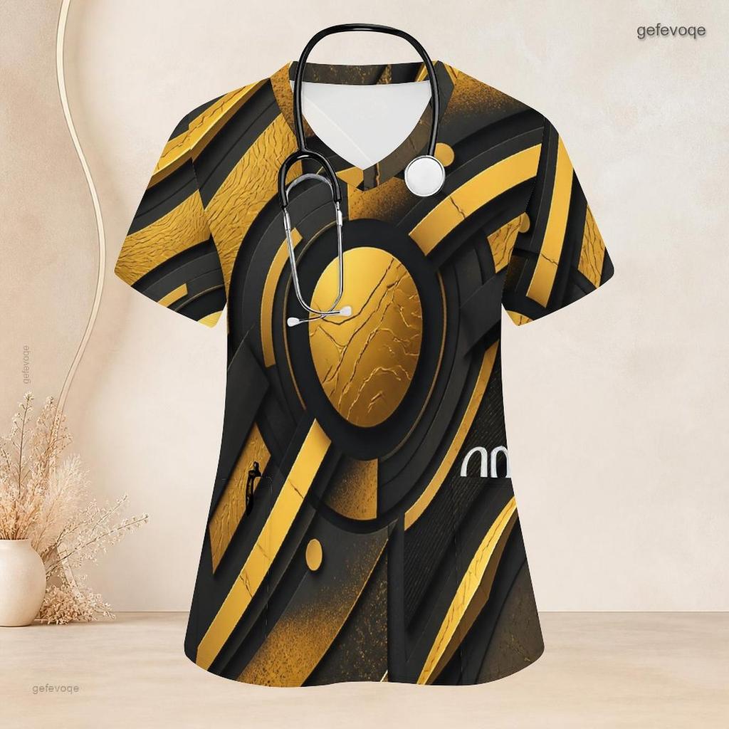Women Plus Size Nurse Scrub Top V Neck Short Sleeve Black Gold Printed With Front Pockets