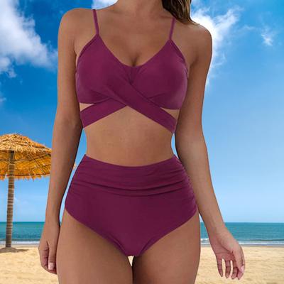 High Waist Solid Color Women Spaghetti Strap Bra Panties Bikini Set Swimsuit