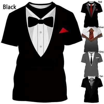 Sahte takım elbise fiyonk 3D T-shirt yaz erkek beyefendi T-shirt retro kravat takım elbise baskılı erkek T-shirt