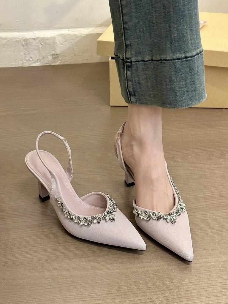 Violet Beauty! Temperament Pointed Rhinestone Bag Head Rear Empty Sandals Women's Spring Side Empty High-heeled Single Shoes