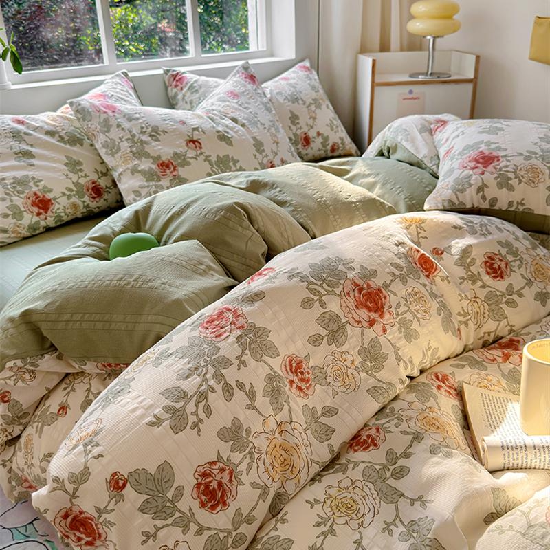 Floral Print French Style Bedding Set Bubble Cotton Duvet Cover Set Washed Cotton Flat Sheet Set Queen For Girl Decor Home