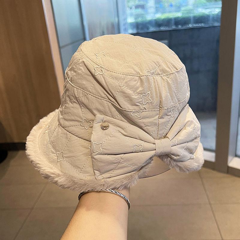 Butterfly Knot Fisherman Hat for Women In Winter Fashionable Warm Versatile Cotton Stuffed Hat