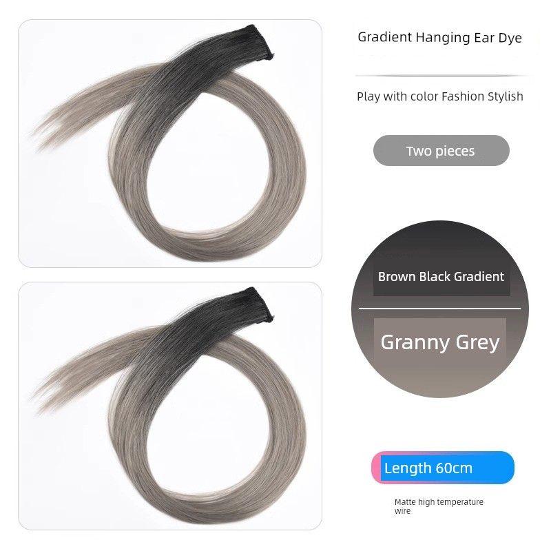 

Ear-Hanging Dyed Laser Wig Set One-Piece Seamless Feather Hair Extension Handy Gadget Female Tuan Style Stage Headdress Colorful Patch Gradient-[Brown Black Granny Grey]-Two Pack