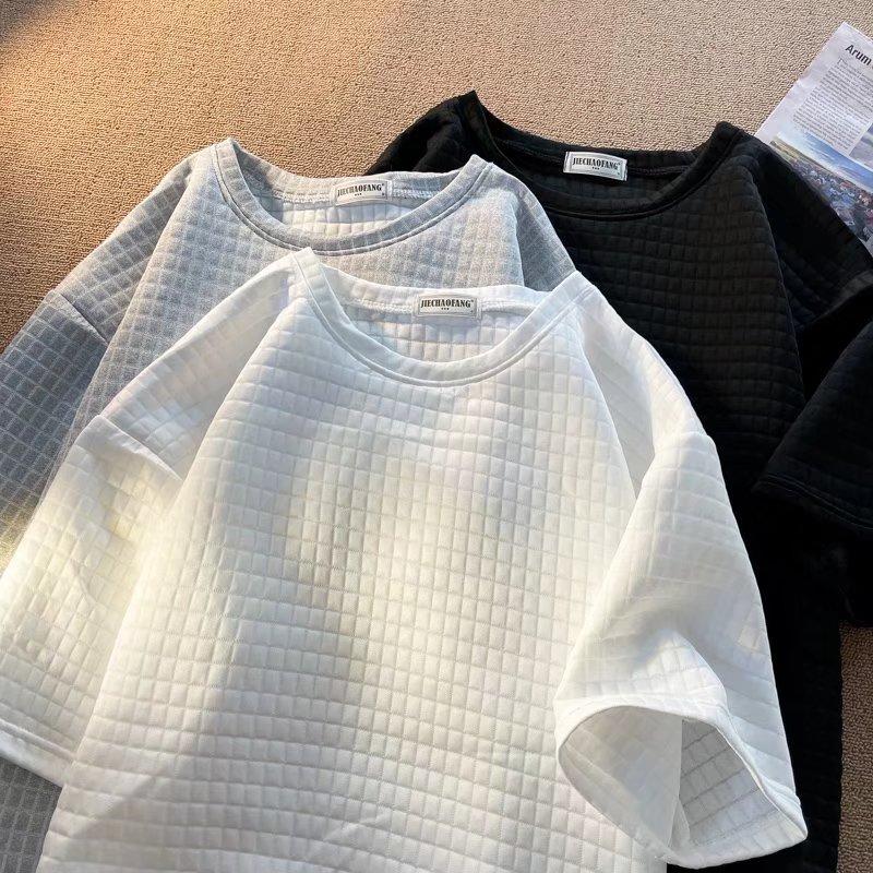 

Футболка с коротким рукавом с вафельной вышивкой, мужские летние японские повседневные футболки, мужской приталенный пуловер, футболка с принтом, топ с круглым вырезом в стиле ретро для