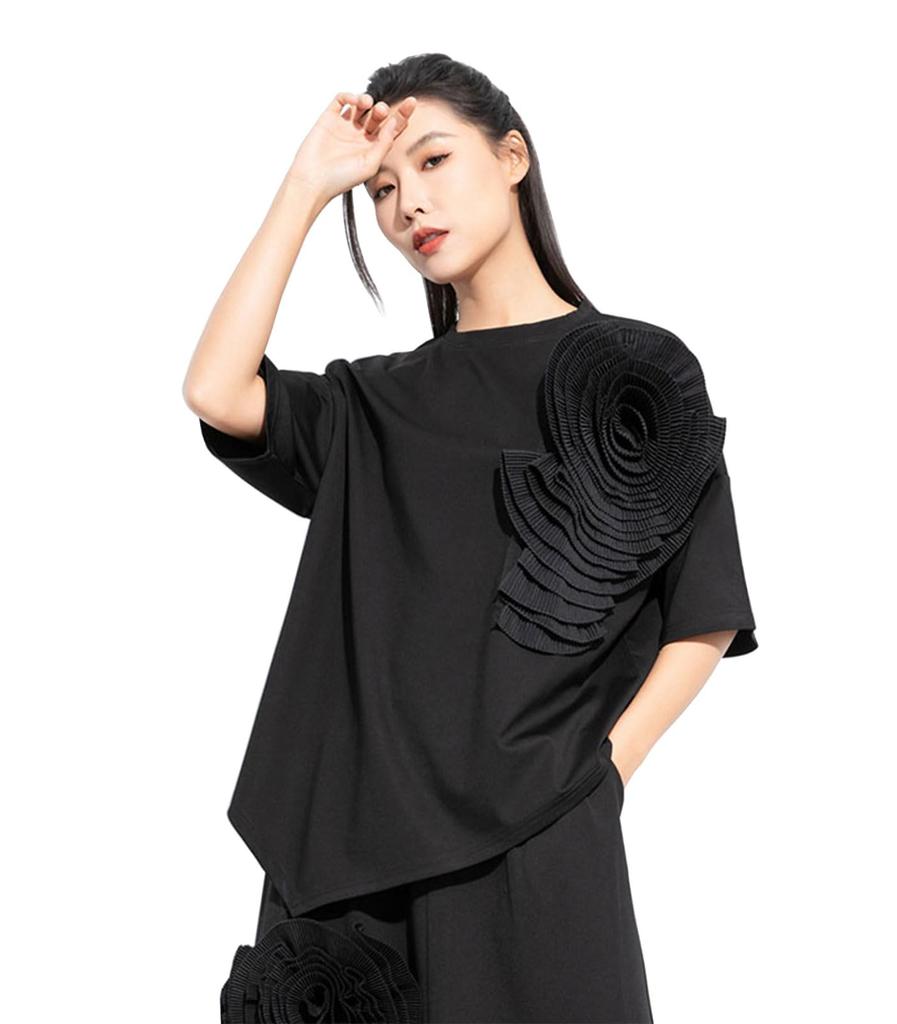 Morino 3D Floral Short Sleeve with Asymmetrical Drop Loose and Unique for Spring and Summer Women's T-Shirt Shoulder, Fit, Stylish, (Black)