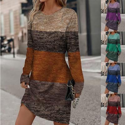 Crew Neck Color Block Long Sleeve Casual Comfortable Dress
