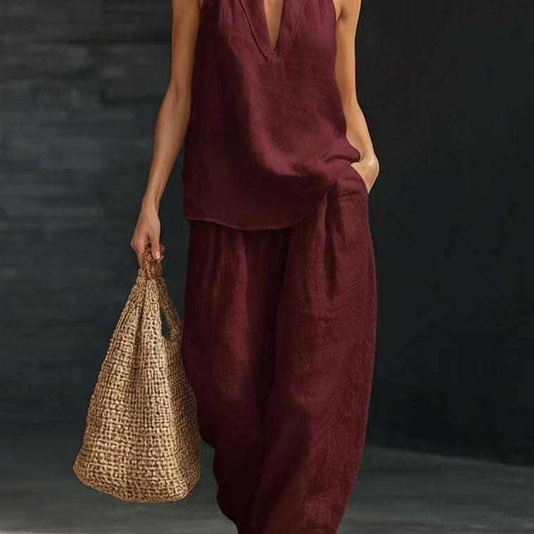 Women's Khaki Halter Neck Deep V-Neck Top and Wide Leg Pants Set