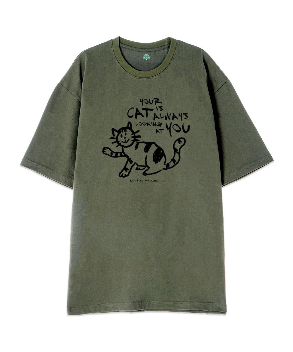 Astral Projection [Oversized] Doodle Cat 13-Count Cotton Round Neck Short Sleeve T-Shirt_Khaki L