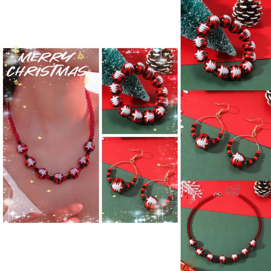 Creative And Fashionable Christmas Tree Printed Wood Bead Necklace Set Wholesale Accessories