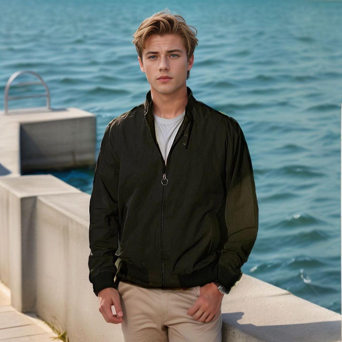 

Весенне-осенняя европейская и американская мужская куртка Tooling Jacket Однотонная куртка на молнии с ребрами Jacket XXL чёрный