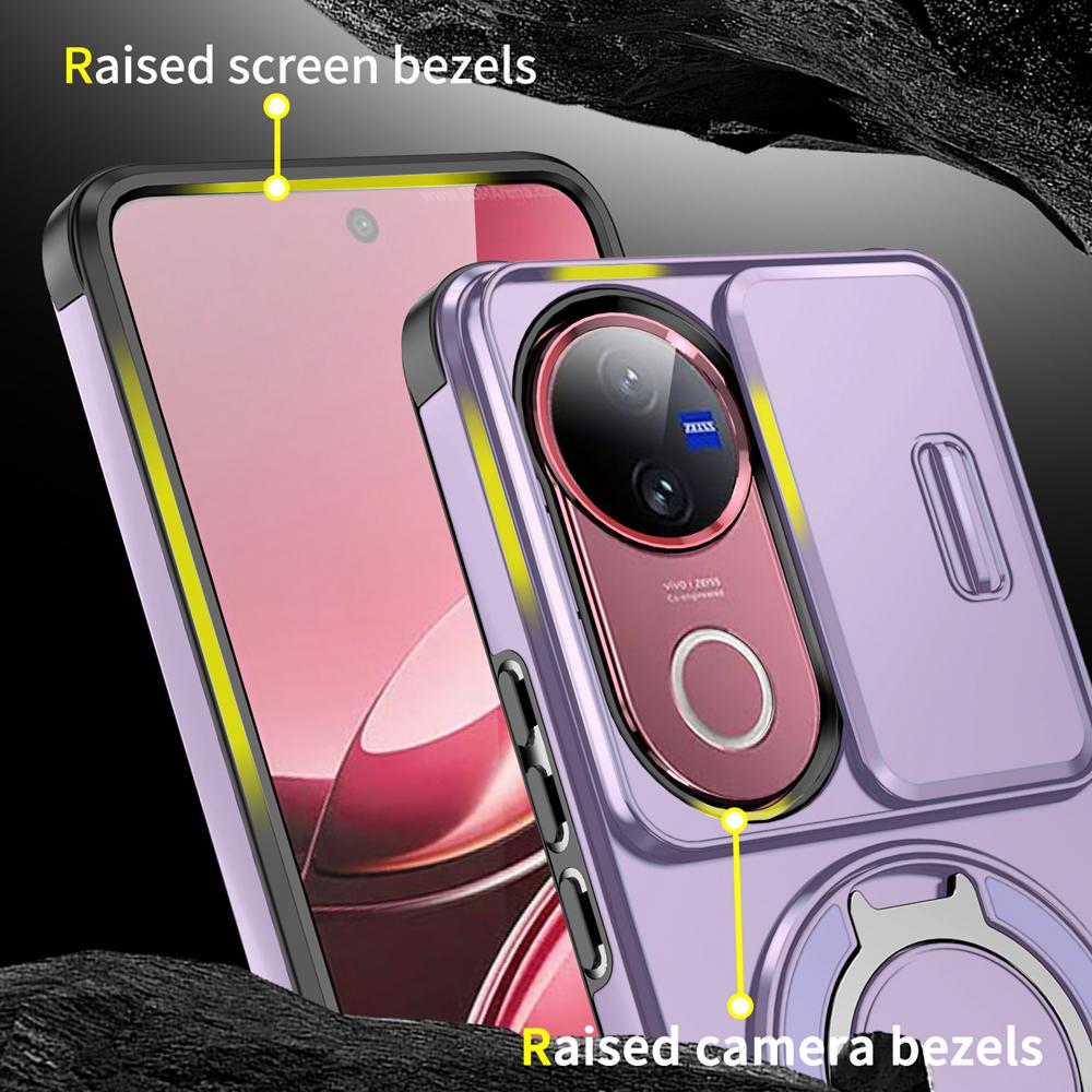 KEYSION 360° Rotating Ring Stand Phone Case for VIVO V50 5G Slide Camera Protection Magnetic Shockproof Back Cover for VIVO V50
