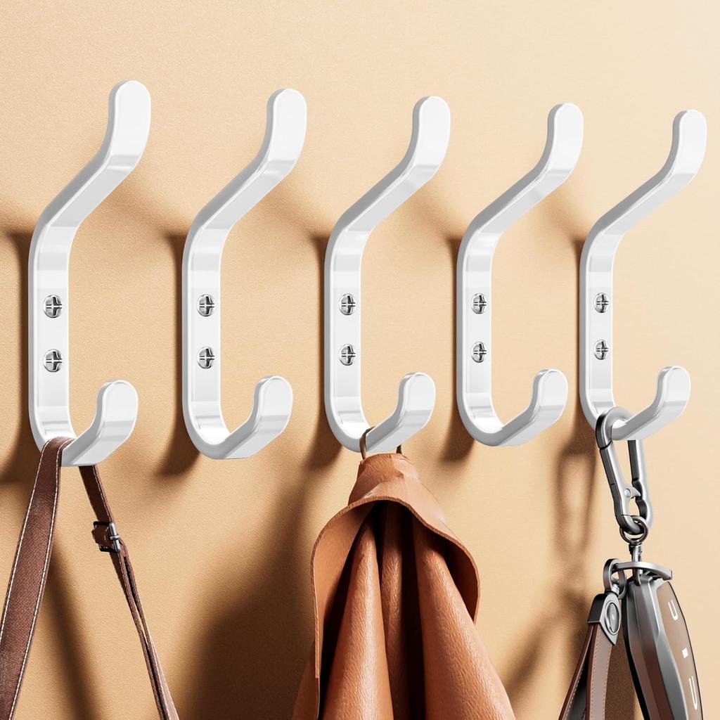 Wall Hook for Hanging Coats - Stainless Coat Hook 5 Pack Wall Mount for Backpack, Bag, Keys and Towel, Double Hook In Closet, Entryway, Door,
