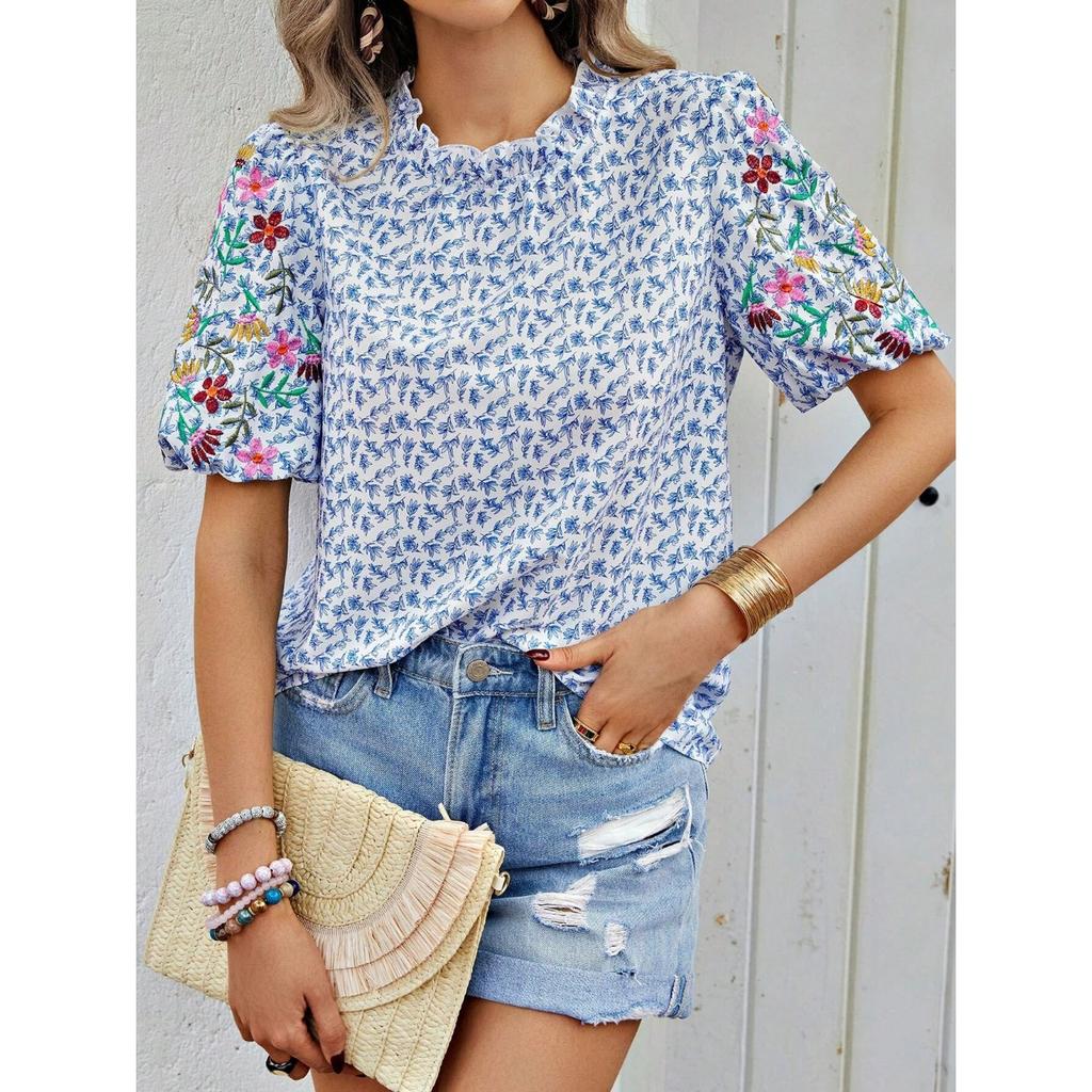 IHUASU Damen Sommer Bestickt Bedruckt Schnalle Welle Hoher Kragen Kurz Farbpassendes Top