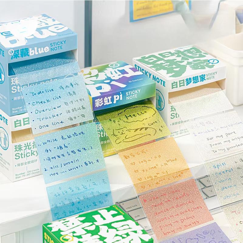 126sheet/set Pearlescent Gradient Color Sticky Note Transparent Keys Word Memo Pad Waterproof Knowledge Record Paper Student