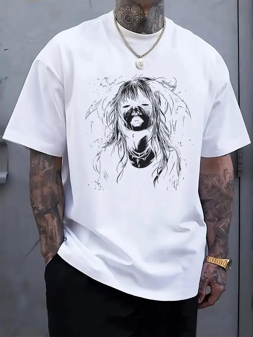 

Casual Short Sleeve T-shirt with Dark-Haired Woman Line Art Print - Light Grey Regular Fit Round Neck Summer Tee for Vacation & Casual Attire XXXL