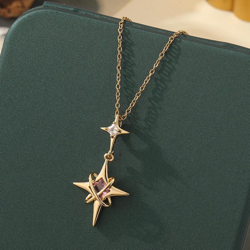 Elegancki Naszyjnik z Zawieszką w Kształcie Gwiazdy ze Stali Tytanowej z Cyrkonią - Damski Wszechstronny Łańcuszek na Obojczyk