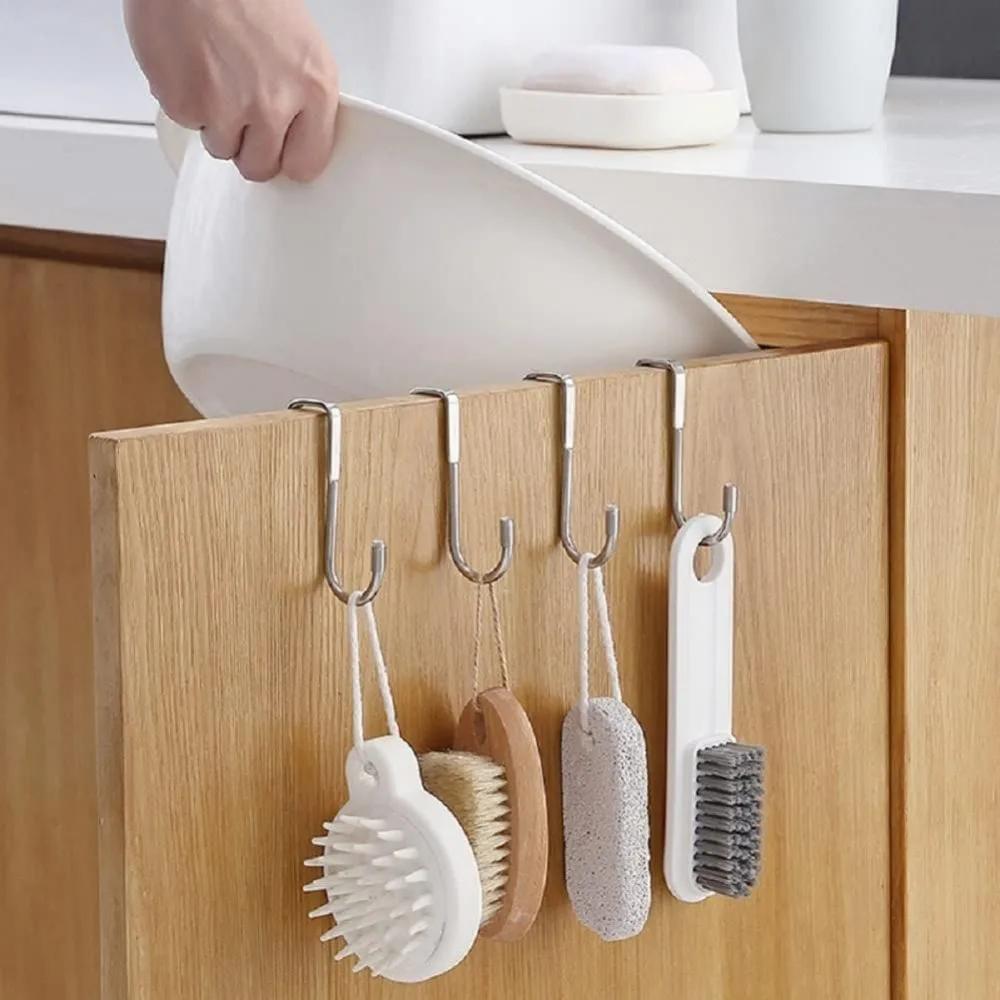 1/2/4 Pcs Hook 304 Stainless Steel Hanging Hooks Free Punch Double S-shaped Kitchen Bathroom Cabinet Door Back Style Hanger Home