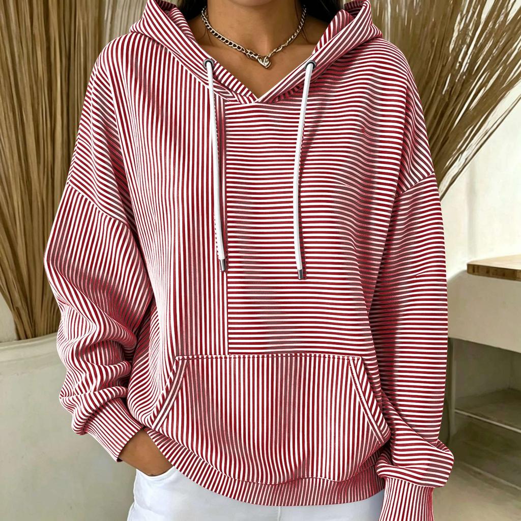 Women's Loose Fit Hooded Striped Long Sleeve Pullover with Pockets